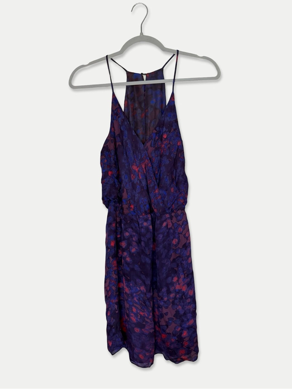 Parker Small 100% Silk Purple Blue Floral Halter Mini Dress Racerback